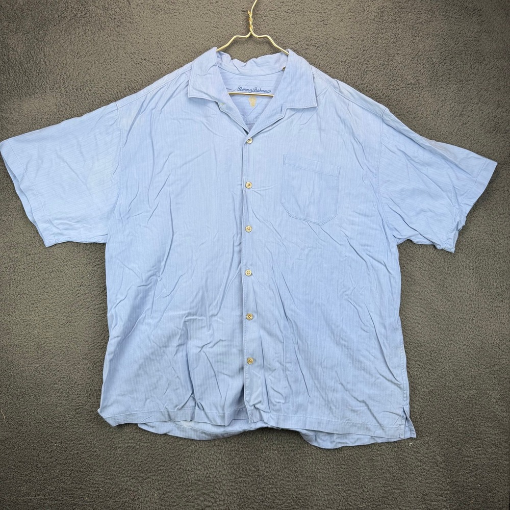 Tommy Bahama Mens XXL Blue Silk Textured Short Sleeve Camp Collar Button Up